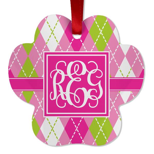 Custom Pink & Green Argyle Metal Paw Ornament - Double Sided w/ Monogram