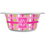 Pink & Green Argyle Stainless Steel Dog Bowl (Personalized)