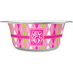 Pink & Green Argyle Stainless Steel Dog Bowl - Medium (Personalized)