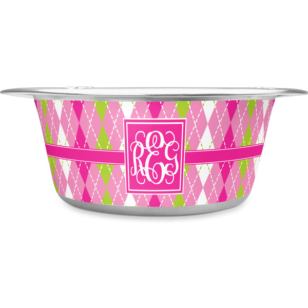 Custom Pink & Green Argyle Stainless Steel Dog Bowl - Medium (Personalized)