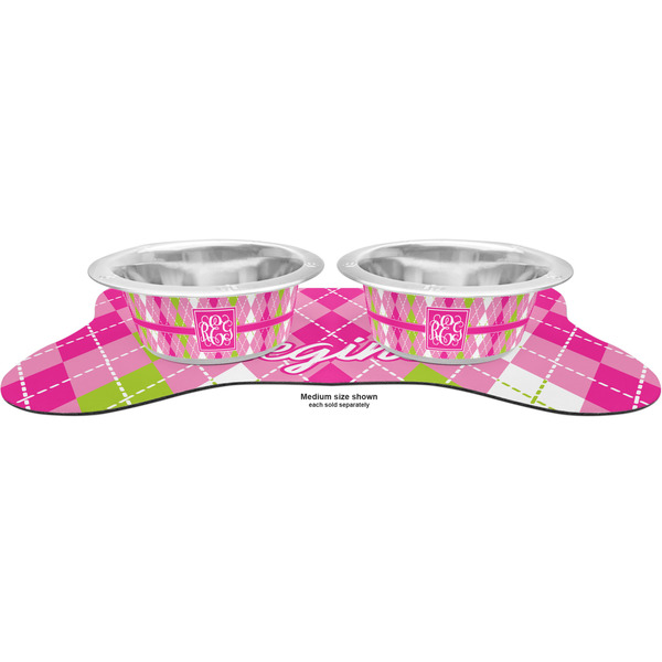 Pink & Green Argyle Metal Pet Bowls - On Dog Bone Shaped Mat