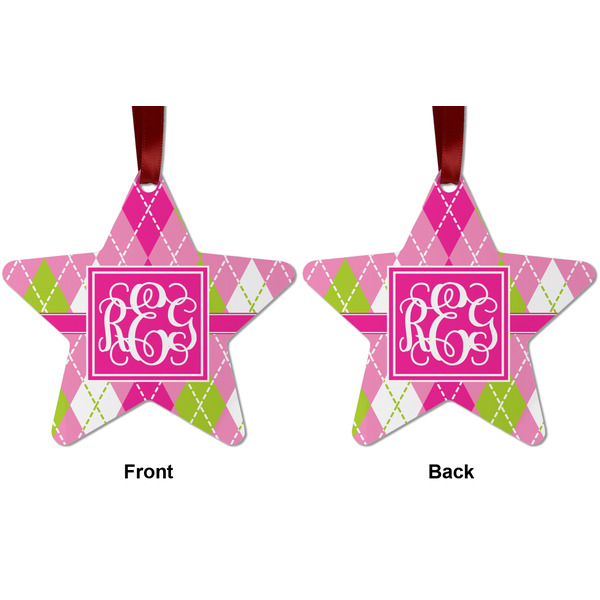 Pink & Green Argyle Metal Star Ornament - Front and Back