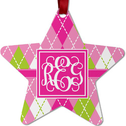 Pink & Green Argyle Metal Star Ornament - Double Sided w/ Monogram