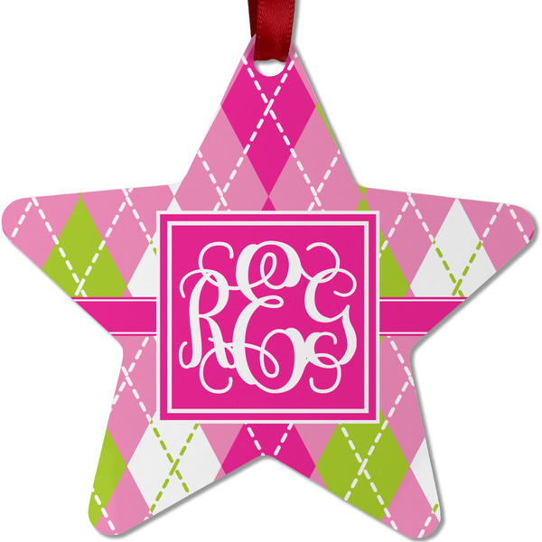 Custom Pink & Green Argyle Metal Star Ornament - Double Sided w/ Monogram
