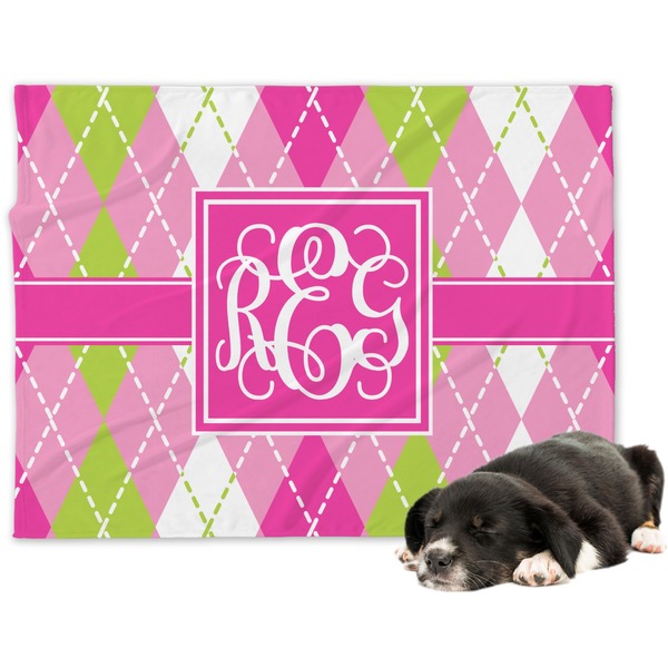 Custom Pink & Green Argyle Dog Blanket (Personalized)