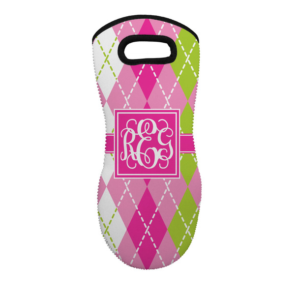 Custom Pink & Green Argyle Neoprene Oven Mitt - Single w/ Monogram