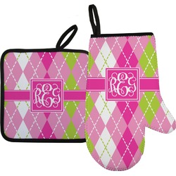Pink & Green Argyle Oven Mitt & Pot Holder Set w/ Monogram