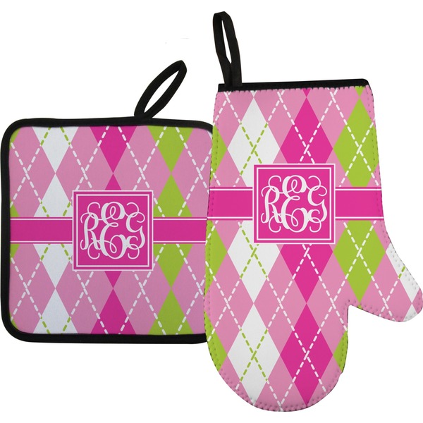 Custom Pink & Green Argyle Right Oven Mitt & Pot Holder Set w/ Monogram
