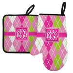 Pink & Green Argyle Left Oven Mitt & Pot Holder Set w/ Monogram