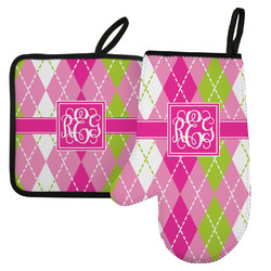 Pink & Green Argyle Left Oven Mitt & Pot Holder Set w/ Monogram