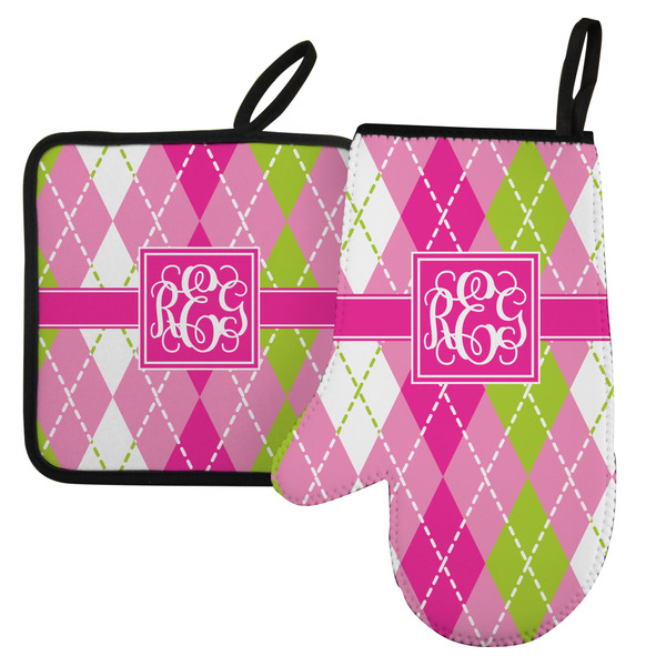 Custom Pink & Green Argyle Left Oven Mitt & Pot Holder Set w/ Monogram