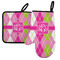 Pink & Green Argyle Left Oven Mitt & Pot Holder Set w/ Monogram