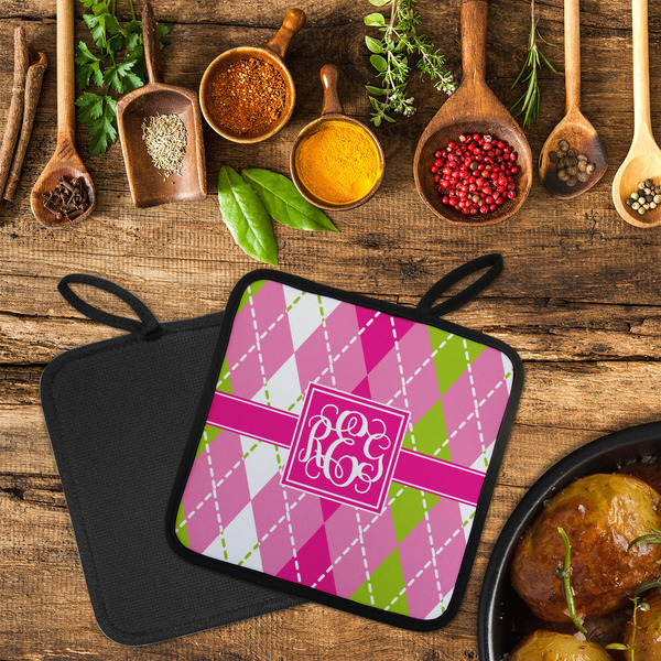 Pink & Green Argyle Neoprene Pot Holder - Set of 2  LIFESTYLE (Flatlay)