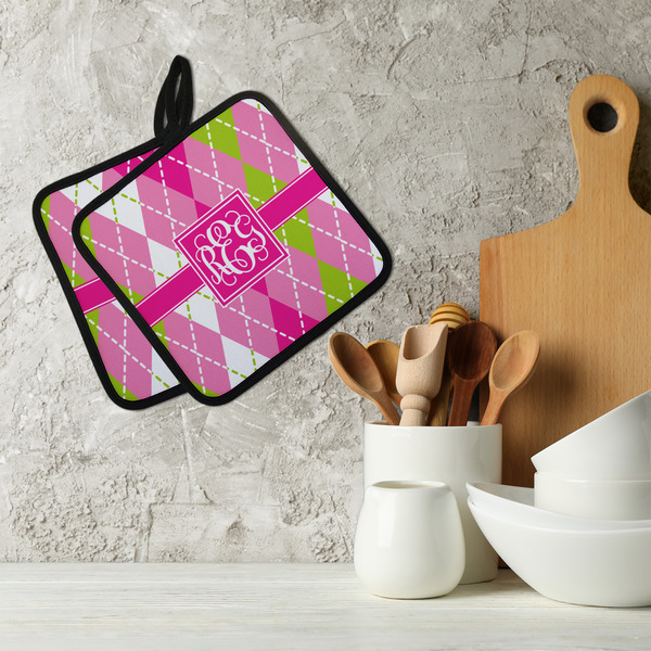 Pink & Green Argyle Neoprene Pot Holder - Set of 2  LIFESTYLE