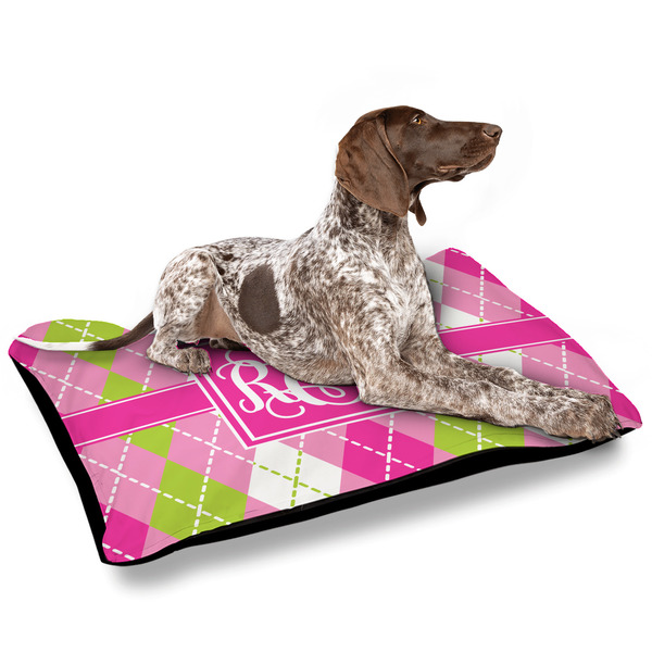 Pink & Green Argyle Outdoor Dog Beds - Large - IN CONTEXT