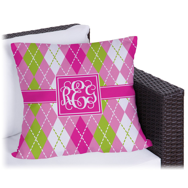 Custom Pink & Green Argyle Outdoor Pillow (Personalized)