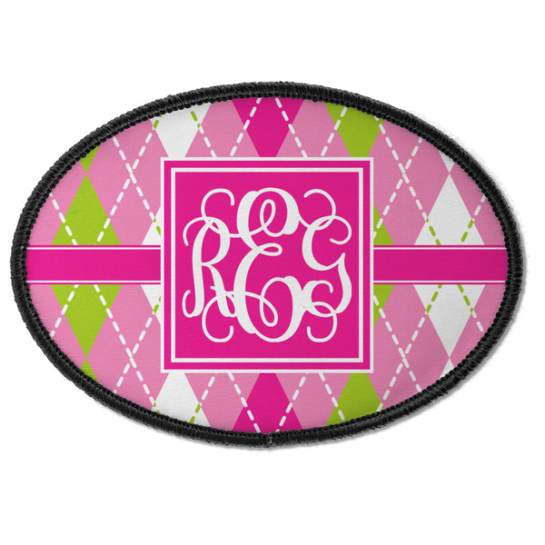 Custom Pink & Green Argyle Iron On Oval Patch w/ Monogram