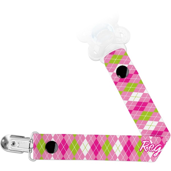 Custom Pink & Green Argyle Pacifier Clip (Personalized)