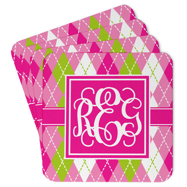 Custom Pink & Green Argyle Paper Coasters w/ Monograms