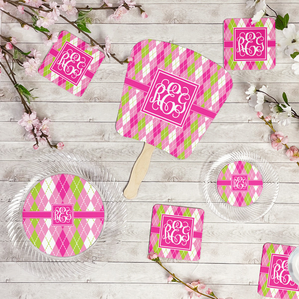 Pink & Green Argyle Party Supplies Combination Image - All items - Plates, Coasters, Fans