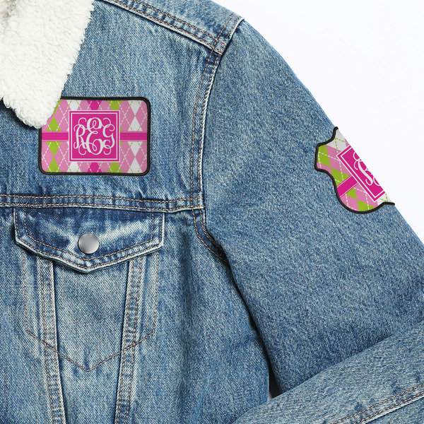 Pink & Green Argyle Patches Lifestyle Jean Jacket Detail