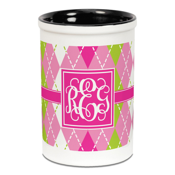 Pink & Green Argyle Pencil Holder - Black
