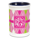 Pink & Green Argyle Ceramic Pencil Holders - Blue
