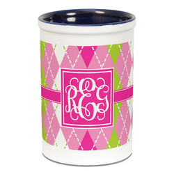Pink & Green Argyle Ceramic Pencil Holders - Blue