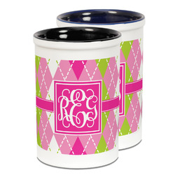 Pink & Green Argyle Ceramic Pencil Holder - Large