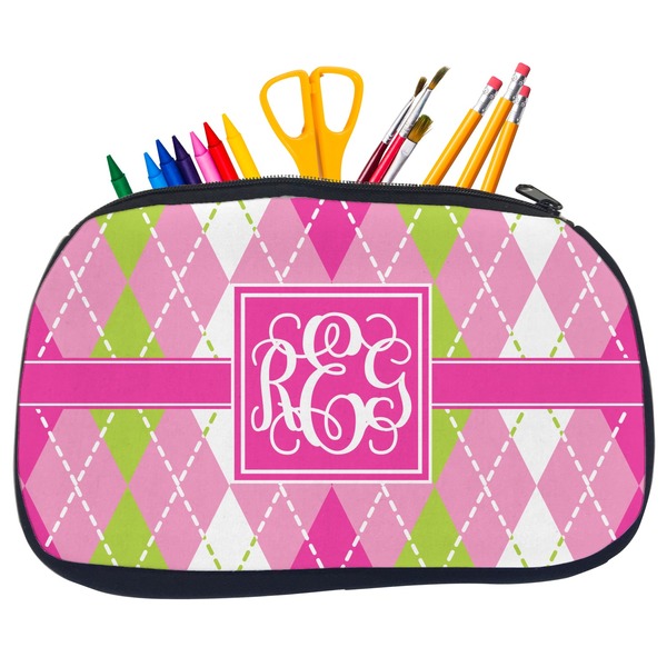 Pink & Green Argyle Pencil / School Supplies Bags - Medium
