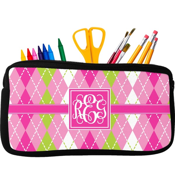 Custom Pink & Green Argyle Neoprene Pencil Case (Personalized)