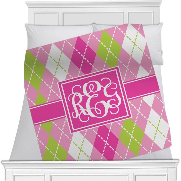 Custom Pink & Green Argyle Minky Blanket - Toddler / Throw - 60"x50" - Double Sided (Personalized)
