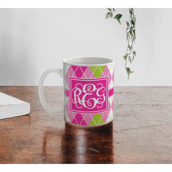 Pink & Green Argyle Personalized Coffee Mug - Lifestyle