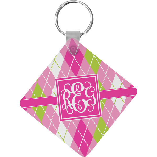 Custom Pink & Green Argyle Diamond Plastic Keychain w/ Monogram