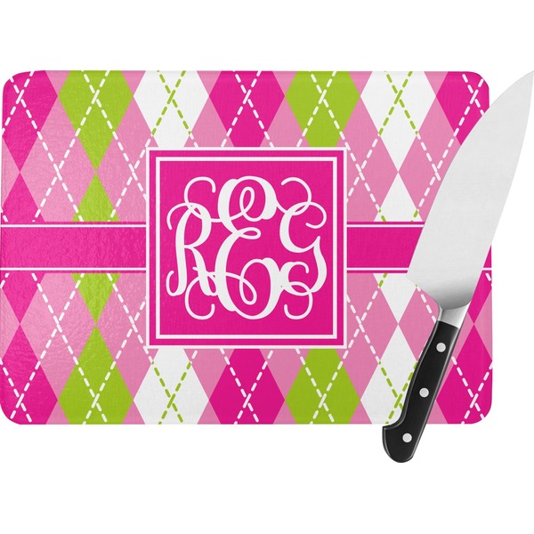 Custom Pink & Green Argyle Rectangular Glass Cutting Board (Personalized)