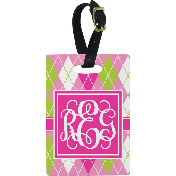 Custom Pink & Green Argyle Plastic Luggage Tag - Rectangular w/ Monogram