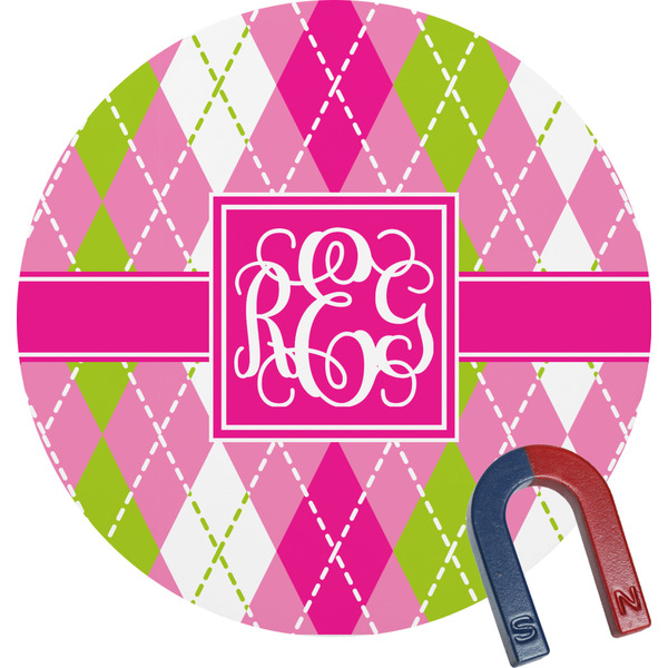 Custom Pink & Green Argyle Round Fridge Magnet (Personalized)