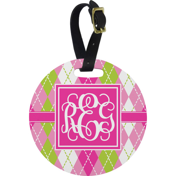 Custom Pink & Green Argyle Plastic Luggage Tag - Round (Personalized)