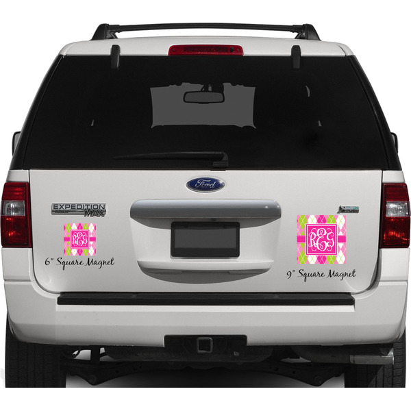 Pink & Green Argyle Personalized Square Car Magnets on Ford Explorer