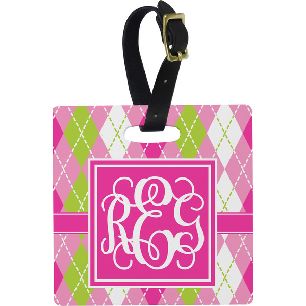 Custom Pink & Green Argyle Plastic Luggage Tag - Square w/ Monogram