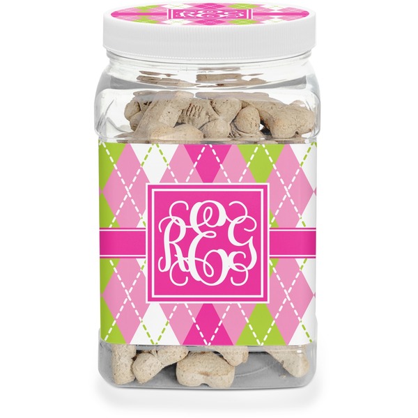 Custom Pink & Green Argyle Dog Treat Jar (Personalized)