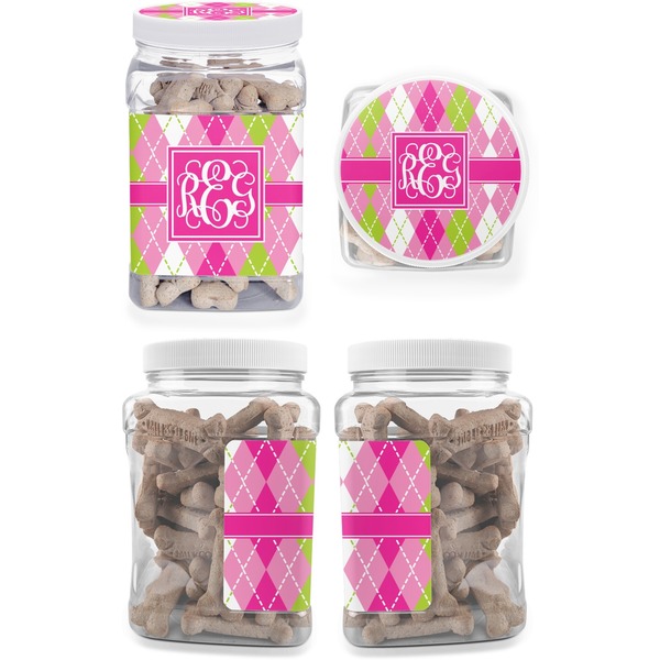 Pink & Green Argyle Pet Treat Jar - Multiple Angles