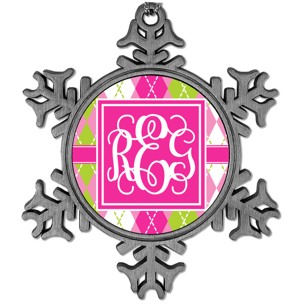 Custom Pink & Green Argyle Vintage Snowflake Ornament (Personalized)