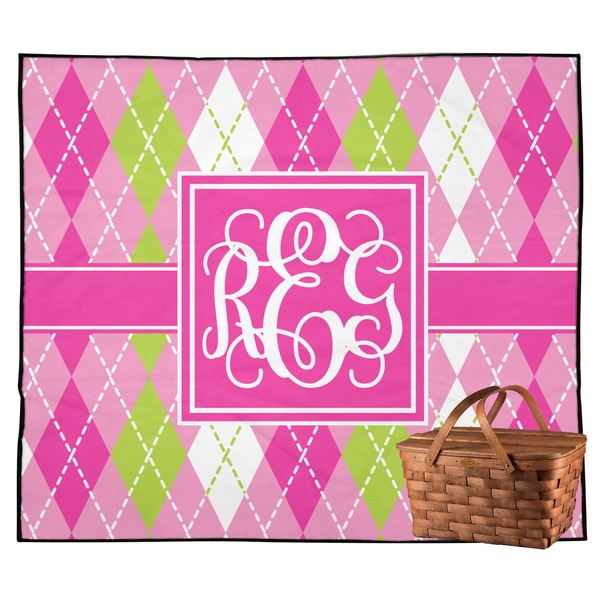 Custom Pink & Green Argyle Outdoor Picnic Blanket (Personalized)