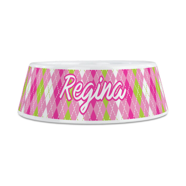 Pink & Green Argyle Plastic Dog Bowls - Medium - FRONT