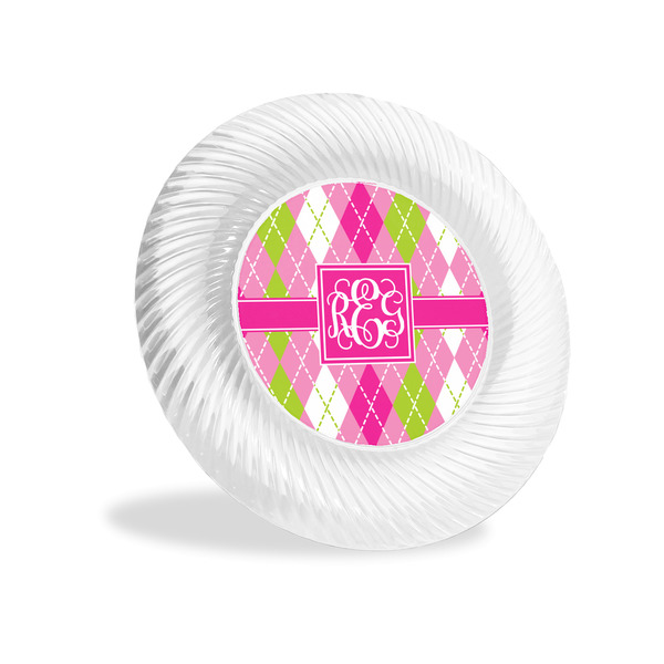 Custom Pink & Green Argyle Plastic Party Appetizer & Dessert Plates - 6" (Personalized)