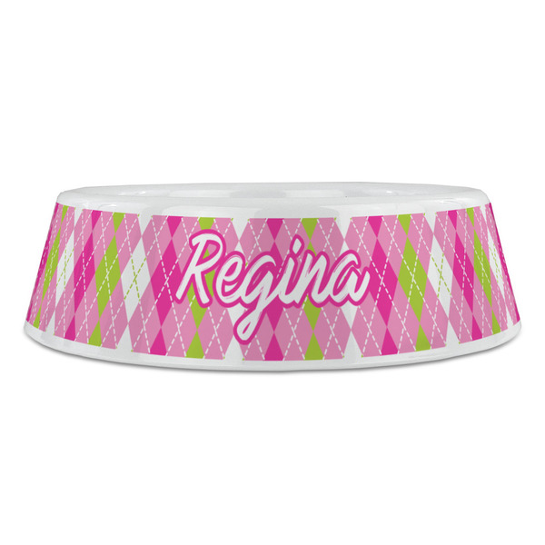 Pink & Green Argyle Plastic Pet Bowls - Large - FRONT
