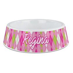 Pink & Green Argyle Plastic Dog Bowl - Large (Personalized)