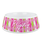 Pink & Green Argyle Plastic Dog Bowl - Medium (Personalized)