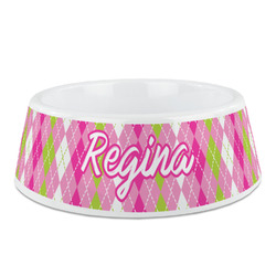 Pink & Green Argyle Plastic Dog Bowl (Personalized)